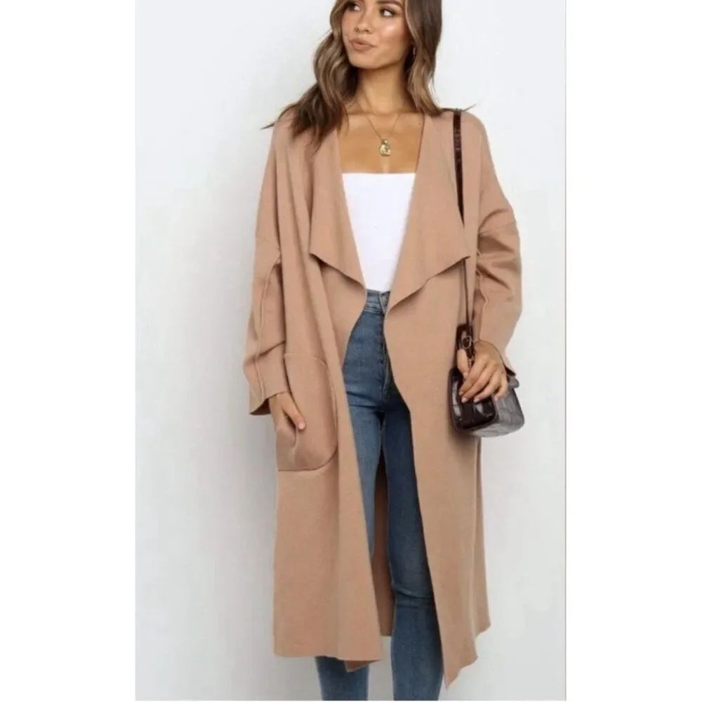 sndys Revolve New Tia knit cardigan Camel Brown Beige Long Sleeve Open Front